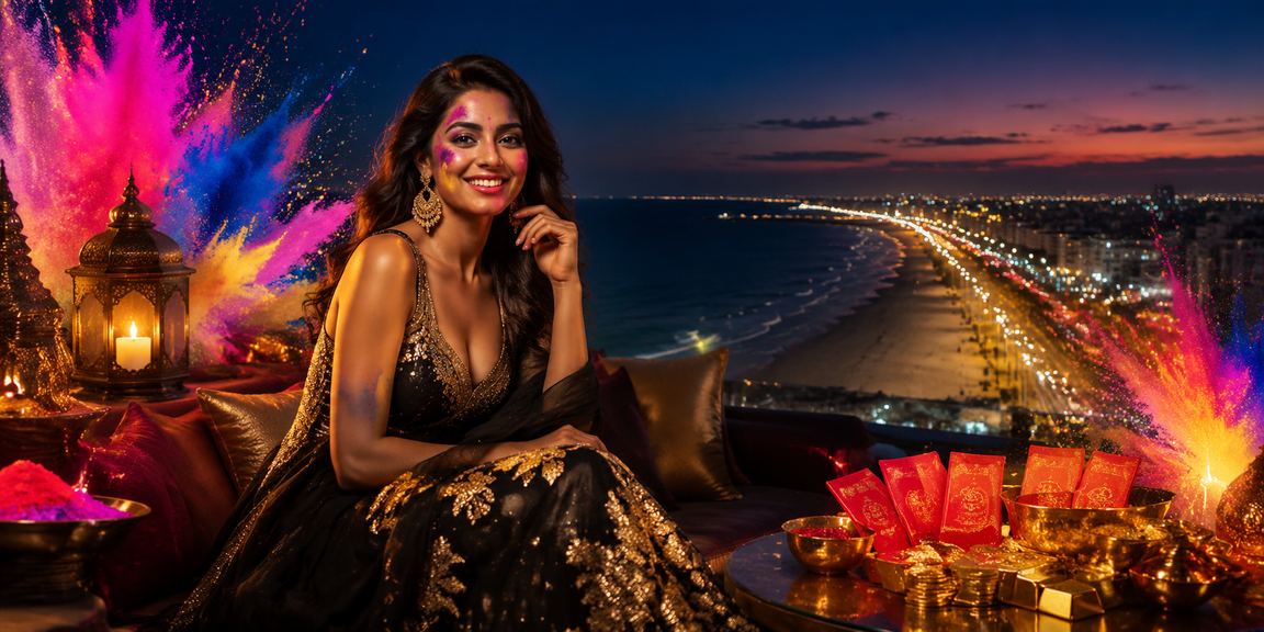 Festive Holi celebrations on Chennai Marina Beach with a red envelope bonus concept