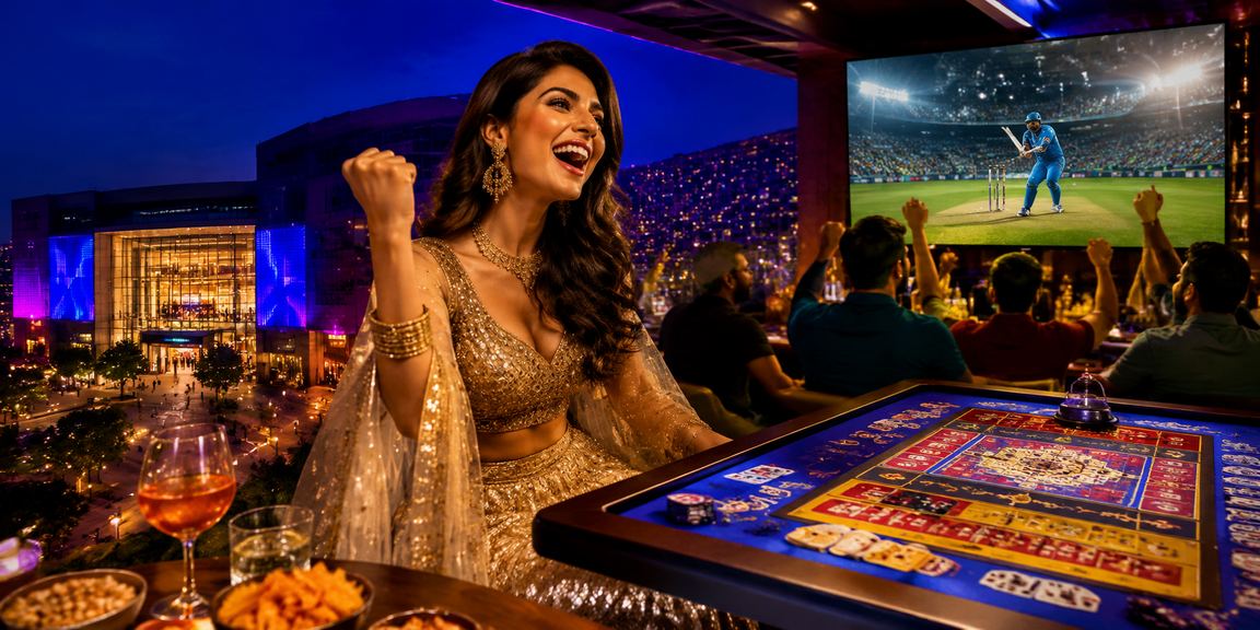 Excited woman celebrating lottery win with colorful lights in Delhi